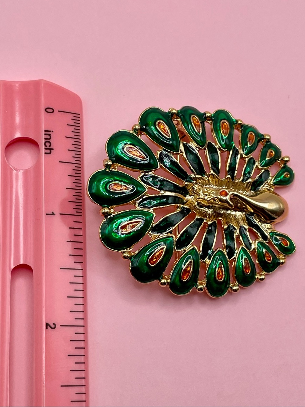 Rare Enamel Green/Black/Orange Gold-tone Peacock Brooch - HTF - Picture 5 of 6
